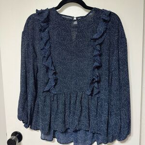 H&M Frill Long Sleeve Blouse Top size 2 Women's Navy Blue & White Flowy Shirt